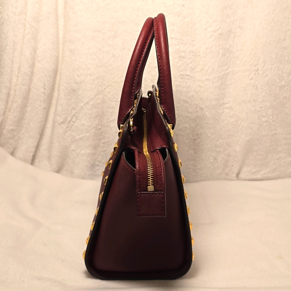 Michael Kors Burgundy Medium Selma Studded Saffiano Satchel - Picture 3 of 14